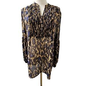 Chicos Pintuck Button Sheer Tunic Top Blue Brown Animal Print Balloon Sleeve 0 S